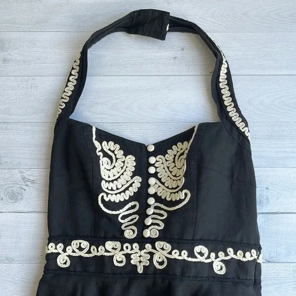 French Connection Black Ivory Linen Blend Embroidered Sweetheart Halter Dress 6 - Picture 8 of 9